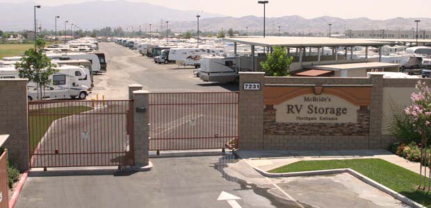 Aerial view of organized RV storage rows at McBride's in Chino, California